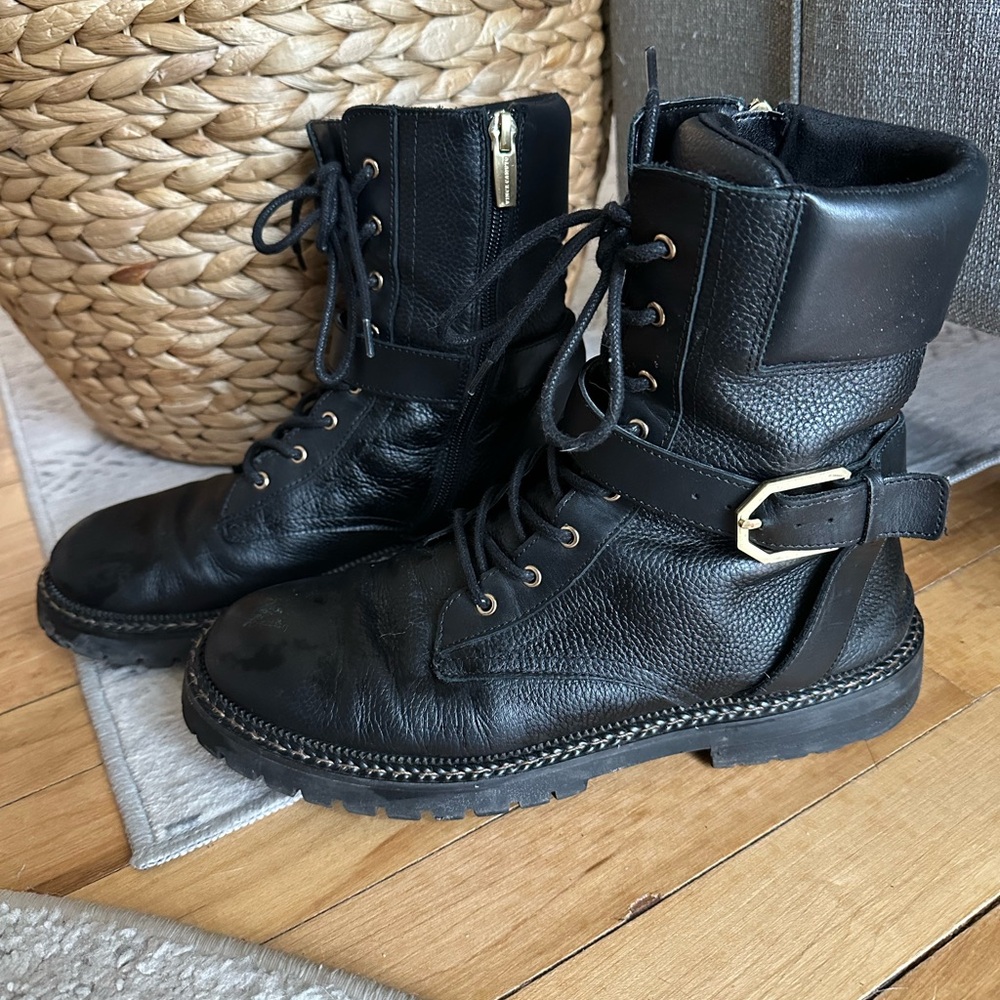 Vince Camuto Women’s Black Leather Combat Boots Gold Hardware Size 9